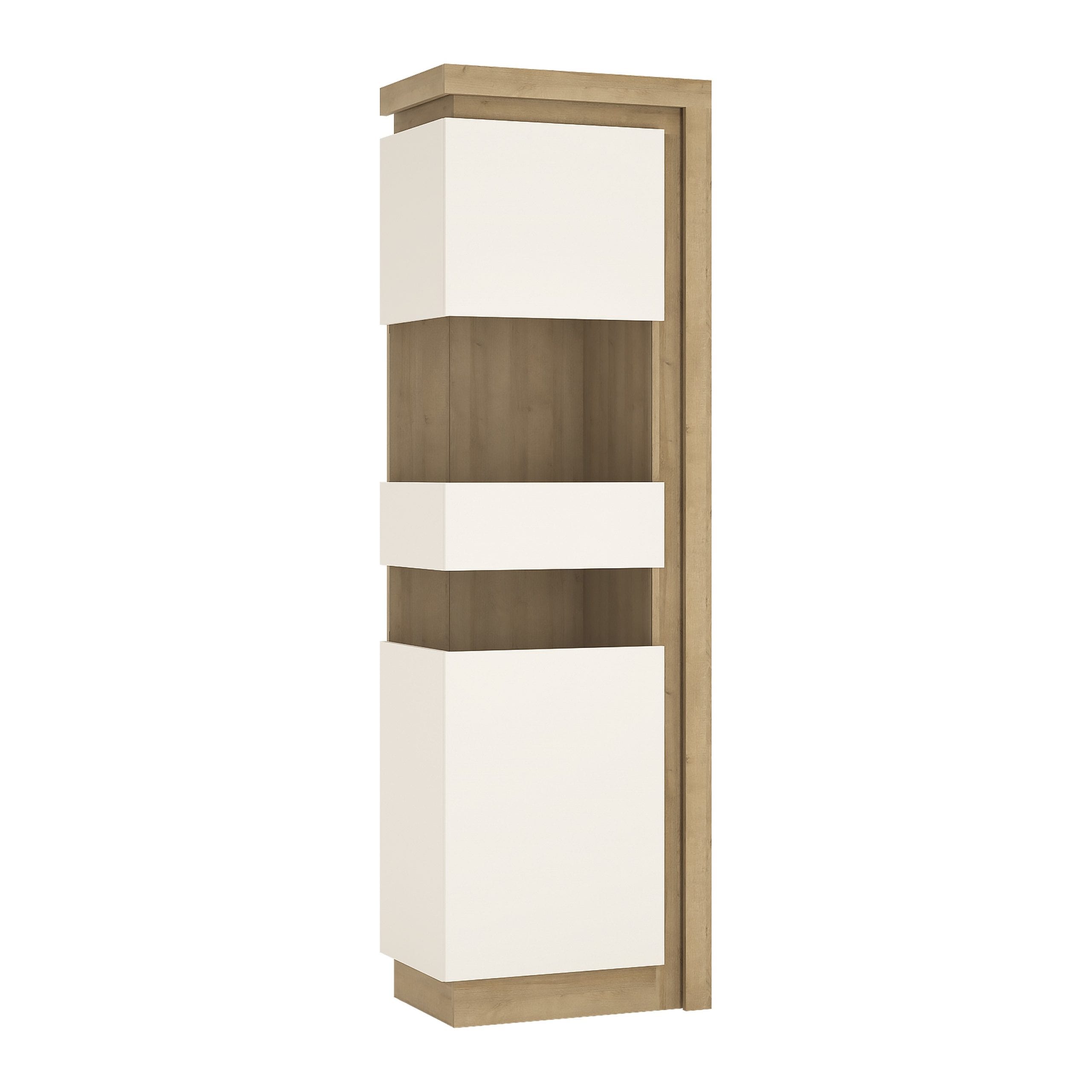 Lyon Tall narrow display (LHD) in Riviera Oak/White High Gloss